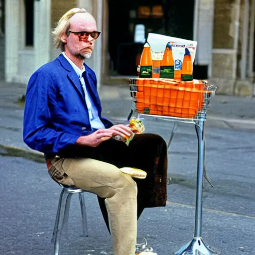 Prompt: hugh hopper on a street corner eating an orange and sipping pepsi