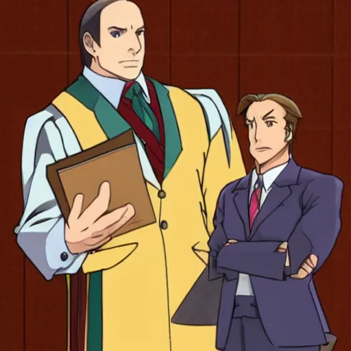 Image similar to Saul Goodman in ace Attorney as Phoenix Wrig, in a courtroom, anime