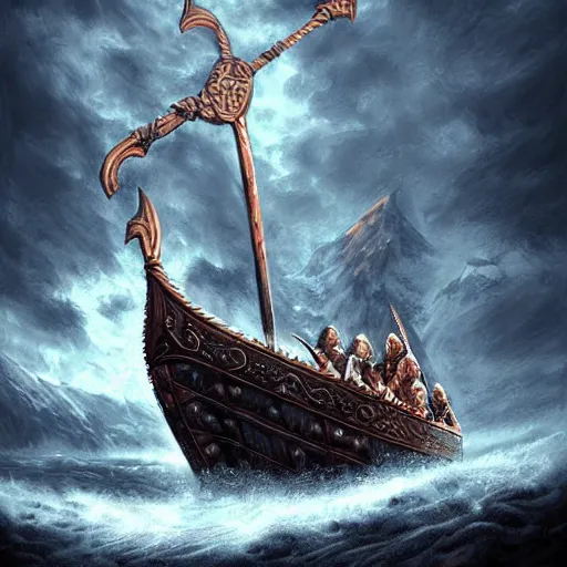 Image similar to epic viking ship, centered in picture, epic fantasy, detailed, intricate, digital painting, concept art, realistic, smooth, focus, rim light