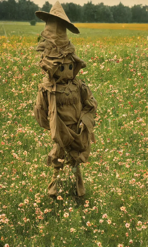 Image similar to scarecrow in beautiful meadow of flowers, ww1 photo, grainy, high detail, high resolution,
