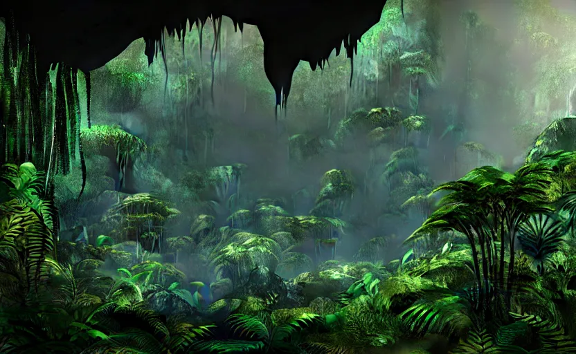 Image similar to a beautiful render of a dark prehistoric rainforest in a humongous cave, lush flora, patches of sky, magenta, green, sunset, floating mountains and a waterfall in the background, intricate detail, hazy, humid, volumetric lighting, 8 k, photorealistic, raytracing effects, unreal engine 5