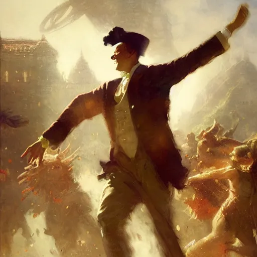 Image similar to an elated chancellor, dancing a jig, character portrait by greg rutkowski, gaston bussiere, craig mullins