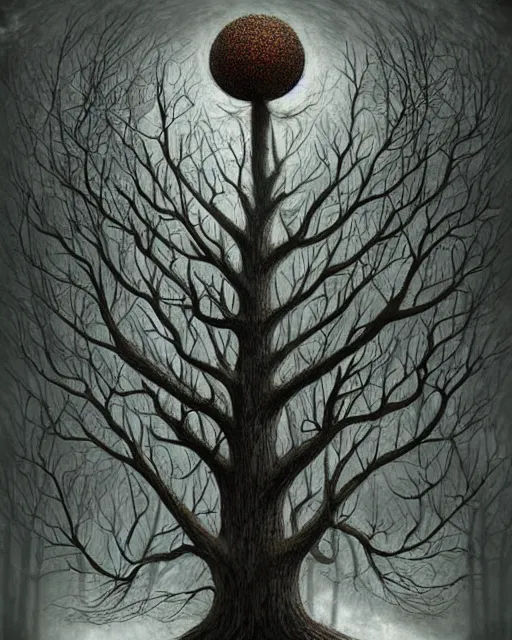 Image similar to a surreal painting of a bizarre otherworldly tree creature with many eyes, by anton semenov