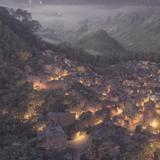 Image similar to the center of a poor medieval town under heavy rain at late dawn, in a valley, surrounded by mountains, highly detailed, octane render, ultra detailed cinematic, 8 k, widescreen, 1 6 : 9, hd