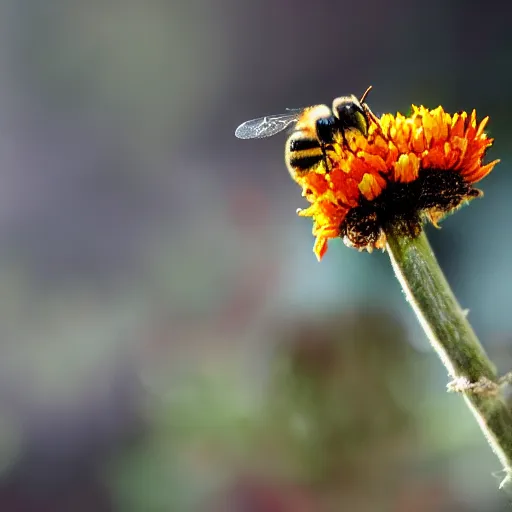 Prompt: a bee trying to reach a flower in a forest on fire, there is fire everywhere, macro photography, ambient light