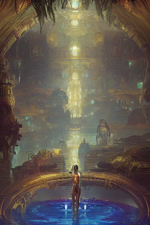 Prompt: Concept Digital Art Highly detailed Alien Art Deco Cybertron lazy river inside of the Palace of the Primes with glowing blood water at night by greg rutkowski, Ilya repin, alphonse mucha, and Edmund Blair Leighton. Very highly detailed 8K, octane, Digital painting, the golden ratio, rational painting, sharp