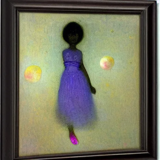 Image similar to a girl with three eyes on 5 translucent luminous spheres, full of floral and berry fillings, in an ocean of lavender color by odilon redon