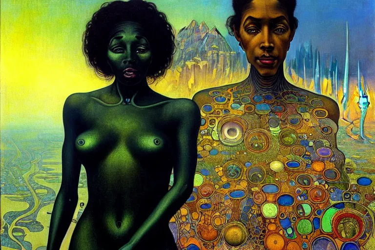 Image similar to realistic extremely detailed portrait painting of a beautiful black woman with an alien, city street on background by Jean Delville, Amano, Yves Tanguy, Ilya Repin, Alphonse Mucha, Ernst Haeckel, James C. Christensen, Edward Robert Hughes, Roger Dean, rich moody colours