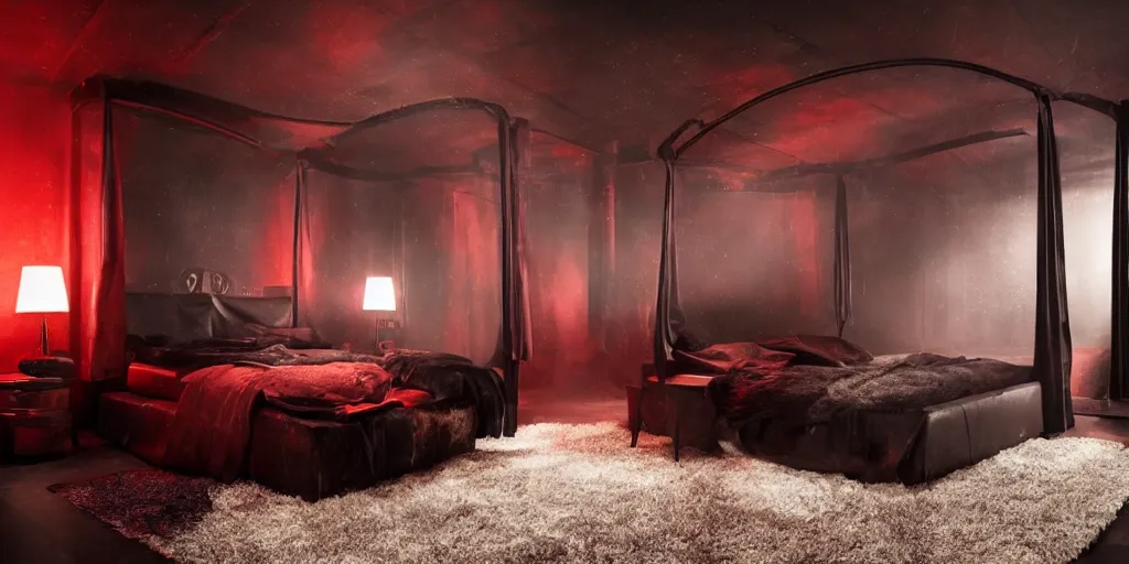 Image similar to night time, moody dark, dark red leather dungeon bedroom in the style of blade runner 2 0 4 9, canopy bed