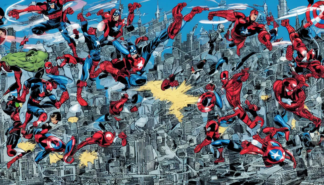 Image similar to a wide angle action shot of avengers defending brooklyn bridge from alien invasion, in the style of marvel comics, graphic novel