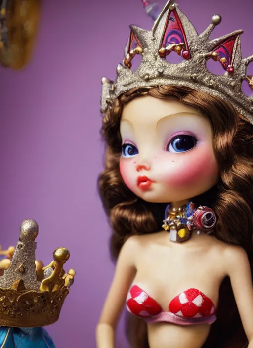 Image similar to highly detailed closeup, profile portrait of a tin toy fairytale princess wearing a crown, bikini, unreal engine, nicoletta ceccoli, mark ryden, earl norem, lostfish, global illumination, detailed and intricate environment