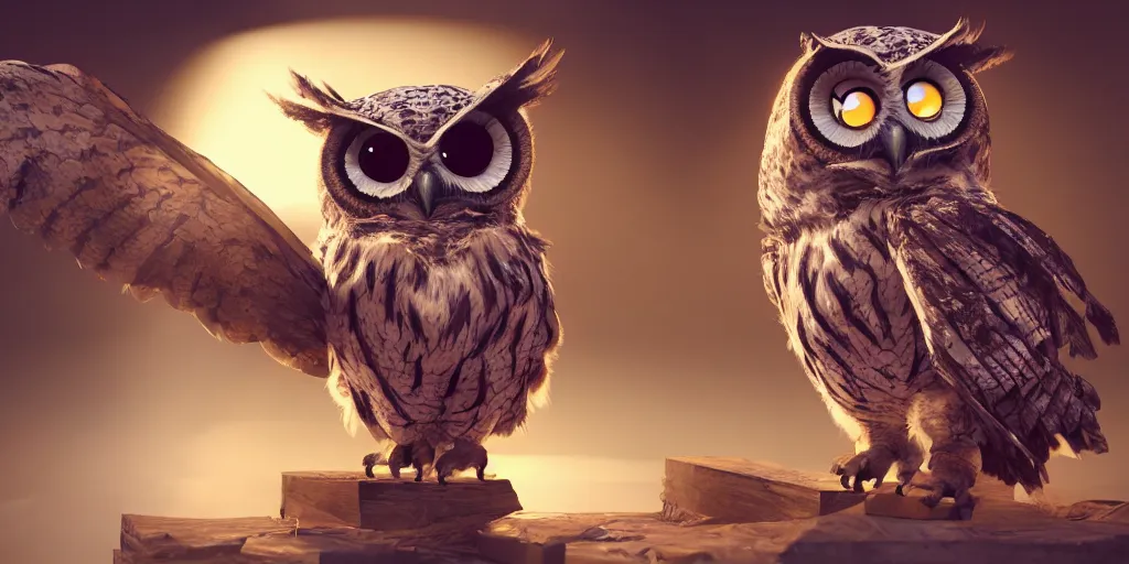 Image similar to an evil, malevolent, mechincal owl looking at photos. this 4 k hd image is trending on artstation, featured on behance, well - rendered, extra crisp, features intricate detail and the style of unreal engine. volumetric lighting