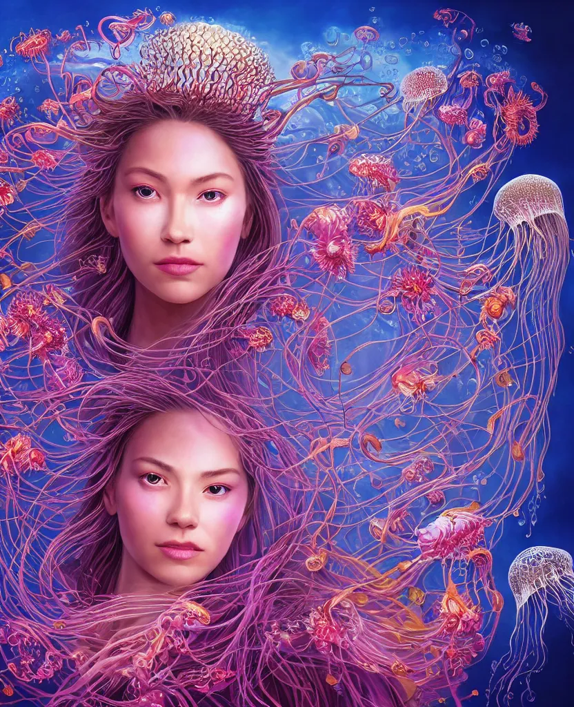 Prompt: close-up portrait of the face of a beautiful princess, surrounded by intricate twisted flowers orchid jellyfish and energy flow, water and plasma flow splashes, epic angle and pose, symmetrical artwork, 3d with depth of field, blurred background, floating jellyfish skull phoenix bird, translucent, nautilus, energy flows of water and fire. a highly detailed epic cinematic concept art CG render. made in Maya, Blender and Photoshop, octane render, excellent composition, cinematic dystopian brutalist atmosphere, dynamic dramatic cinematic lighting, aesthetic, very inspirational, arthouse. y Greg Rutkowski, Ilya Kuvshinov, WLOP, Stanley Artgerm Lau, Ruan Jia and Fenghua Zhong