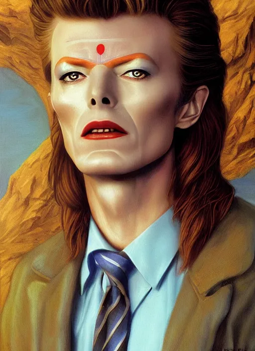 Image similar to twin peaks poster art, portrait of david bowie large blue rose looms over him, by michael whelan, rossetti bouguereau, artgerm, retro, nostalgic, old fashioned