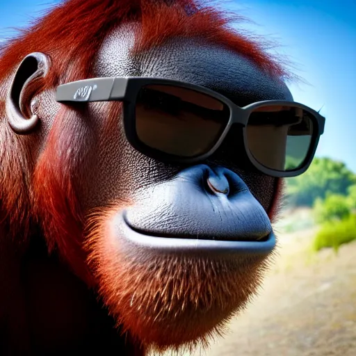 Prompt: high quality landscape photo of a smiling orangutan wearing cool dark sun glasses, ultra wide lens picture, detailed picture, cinematic composition, landscape photo