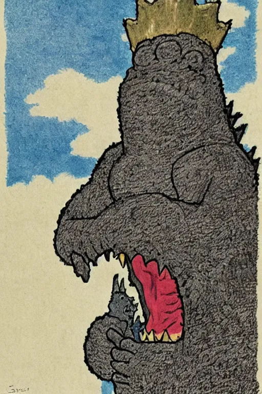 Prompt: godzilla wearing a crown, by maurice sendak