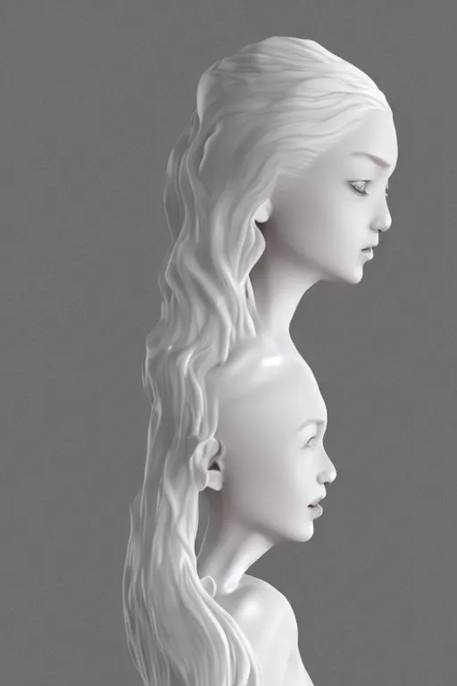 Prompt: full head and shoulders, beautiful female porcelain sculpture by 3 d artist, smooth, all white features on a white background, delicate facial features, white eyes, white lashes, detailed white snakes on the head