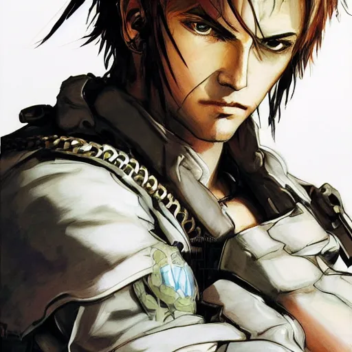 Prompt: portrait of a young white hero using his right arm to hold his sword covering his eye by yoji shinkawa, high quality, extra details, realism, ornate, colored, golden chain, blood, white skin, short hair, brown eyes, vivid, sunlight, headband, eyepatch, white american soldier, painting, cybernetics, military