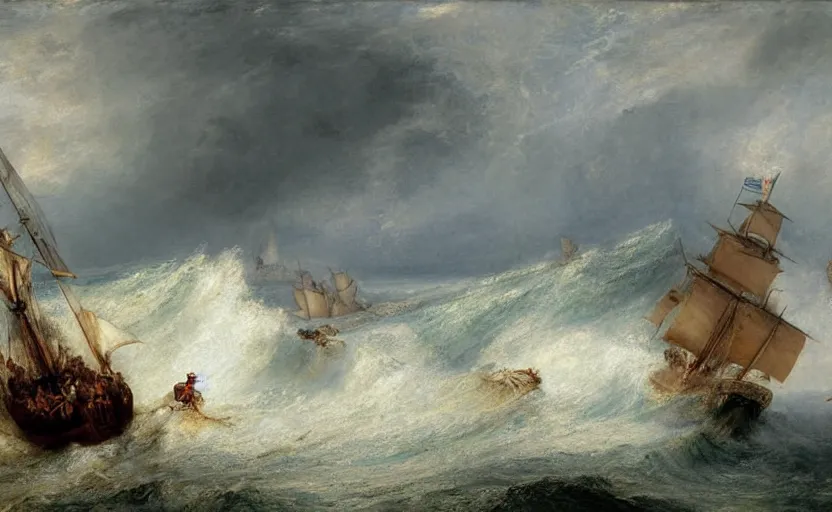 Prompt: a pirate boat in the sea with big waves by William Turner