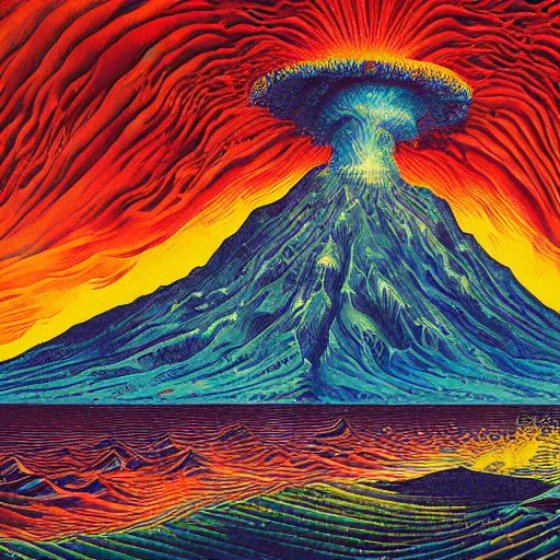 Image similar to vulcano, lava, ocean, surreal by dan mumford and umberto boccioni, oil on canvas