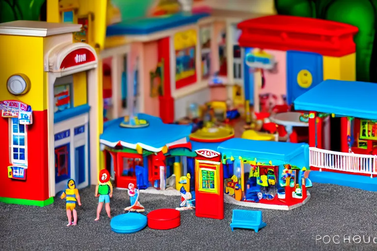 Image similar to fisher price bathhouse, california scene from tv show hyper detailed 5 5 mm 8 5 mm, toy photography, made out of plastic