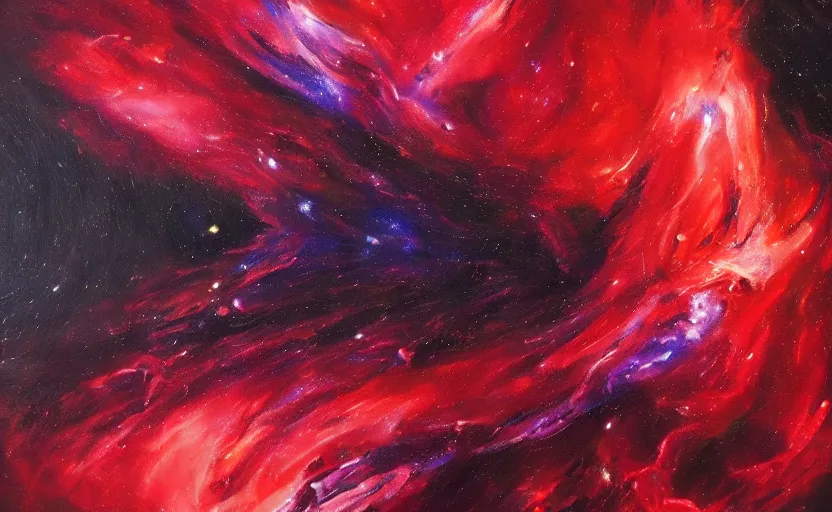 Image similar to an oil painting of a beautiful space nebula, red and black; hyper-detailed; an extraordinary masterpiece!!!; flawless; trending on artstation