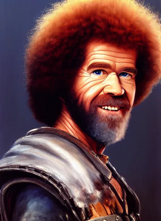 Prompt: portrait of bob ross as a character in mad max 2 : the road warrior, film still, detailed realism face in painting, detailed beautiful portrait, oil painting masterpiece, 8 k resolution, smooth, sharp focus, trending on artstation, by rembrandt