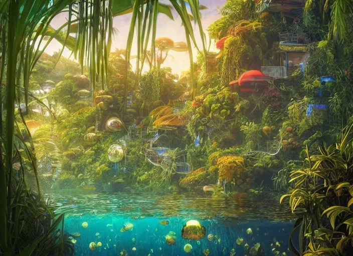 Prompt: lush foliage in art nouveau favela, underwater environment, borealis, scenery, professional, award - winning, trending on artstation, hyper detailed, realistic, beautiful, emotional, shiny, golden, picture