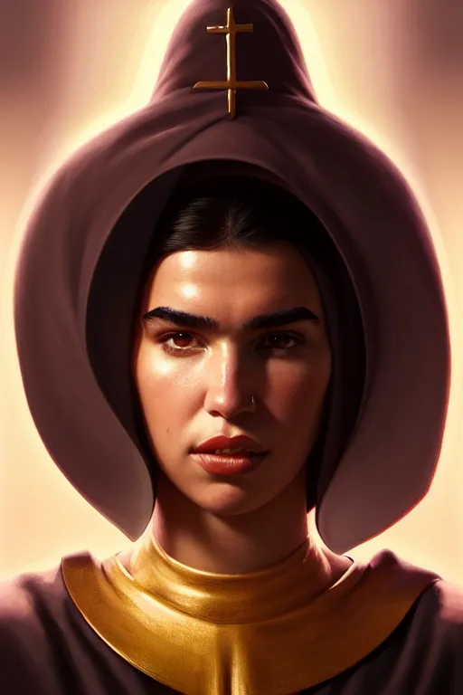 Image similar to portrait of dua lipa as a beautiful warrior nun as drawn by eric anthony johnson ericanthonyj artstation artgerm greg rutkowski and magali villeneuve 8 k subsurface scattering, soft light