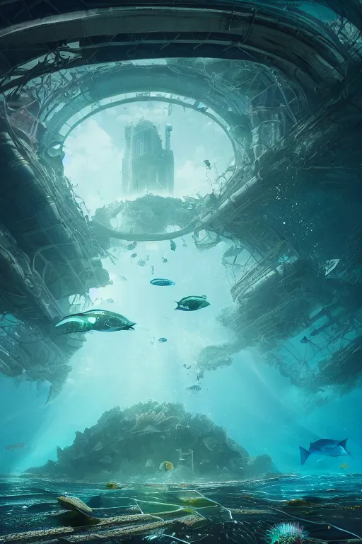 Image similar to hyperrealistic sharp cinematic underwater dystopian futurist city ruins with giant bioluminescent multicolored mutant fish and cyborg jellyfish, digital art masterpiece, aykut aydogdu eric zener, very dramatic volumetric light, long shot, ground angle uhd 8 k, deep focus