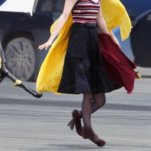 Prompt: Emma Watson flying on a broomstick in the clouds, full body shot