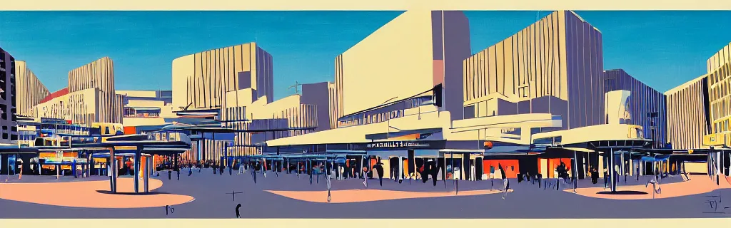 Image similar to coventry city centre, modernism, gouache, animated film, stylised, illustration, by eyvind earle, scott wills, genndy tartakovski, syd mead