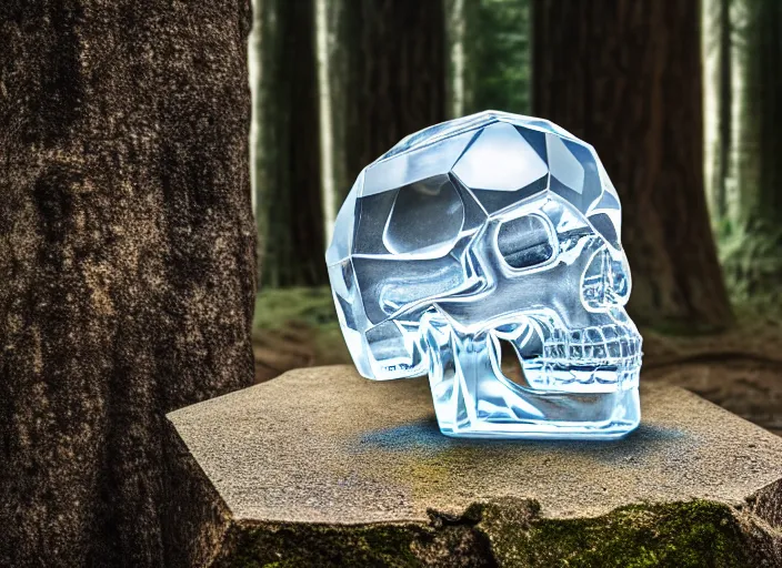 Prompt: crystal skull encased in crystal cube. On a pedestal in ancient ruins in the forest. Highly detailed 8k. Intricate. Nikon d850 55mm. Award winning photography.