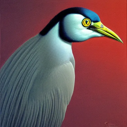 Prompt: painting of hybrid animal, cat ears, black crowned night heron body and beak, calico pattern fur, four legs, cat eyes, intercrossed animal, mixture animal, by zdzislaw beksinski, by tiffany bozic, by chris buzelli, cute animal