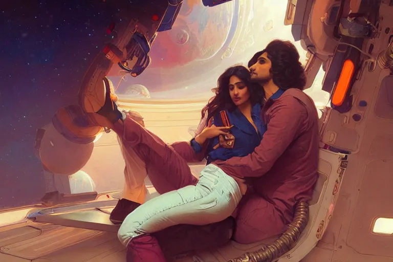 Image similar to Sensuous good looking pale young Indian doctors wearing jeans in a space station above Earth, portrait, elegant, intricate, digital painting, artstation, concept art, smooth, sharp focus, illustration, art by artgerm and greg rutkowski and alphonse mucha