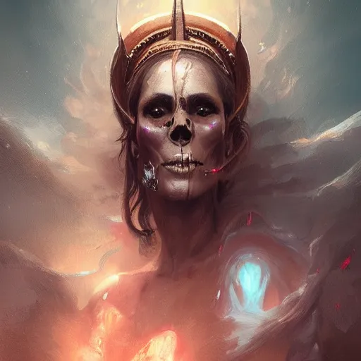 Image similar to a beautiful portrait of skull goddess by greg rutkowski and raymond swanland, dark background, trending on artstation