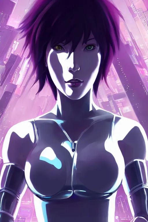 Image similar to a still fullbody portrait of motoko kusanagi ghost in the shell, finely detailed features, closeup at the faces, perfect art, at a cyberpunk city, gapmoe yandere grimdark, trending on pixiv fanbox, by ilya kuvshinov, rossdraws, artgerm