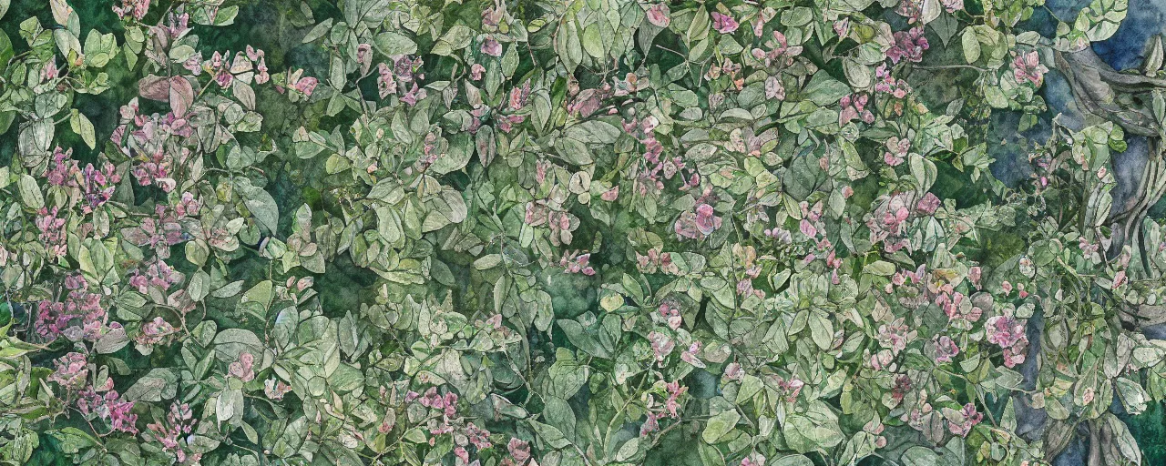 Image similar to drone view, delicate marble in a botanic garden, stony road, on a botanical herbarium paper, watercolor colored painting, iridescent colors, 8 k, realistic shaded, fine details, artstation, italian style, colonnade, vines, flowers, gardena architecture, pompeii