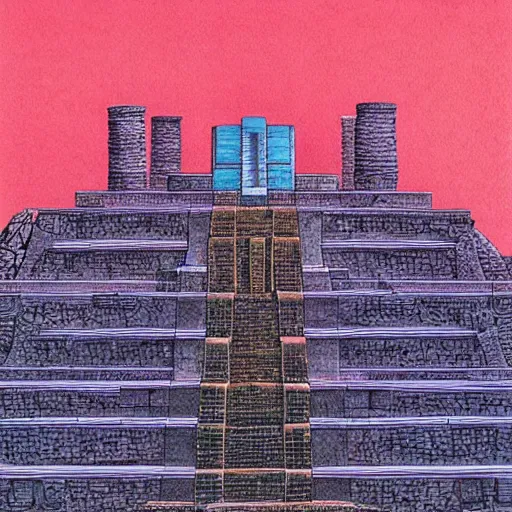 Prompt: a futuristic maya temple, drawing by moebius