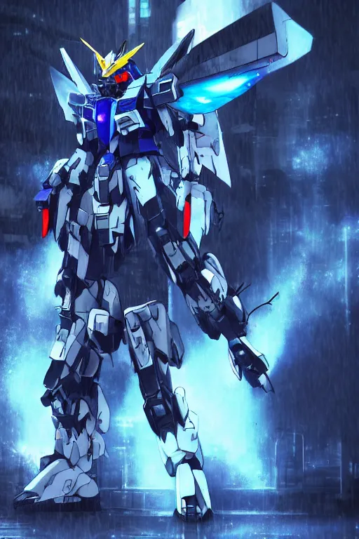 Image similar to Azure Wolf wolf GUNDAM on a futuristic cyberpunk city under heavy rain, cinematic lighting, Lightning arc plasma, symmetric full body azure GUNDAM mecha, GUNDAM wing style armor, GUNDAM armor, samurai armor, mortar heads, mech suit, full body armor, lamellar armor, exoskeleton, post processing, ultra detailed, trending on artstation