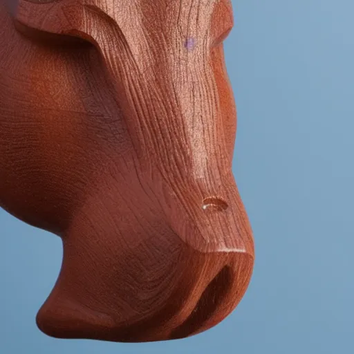 Image similar to a zoomed out studio product shot of a minimalist carved hippopotamus, made from cherry wood and blue resin, in profile, like a catalog photograph, mostly wood, with a smooth featureless minimalist look