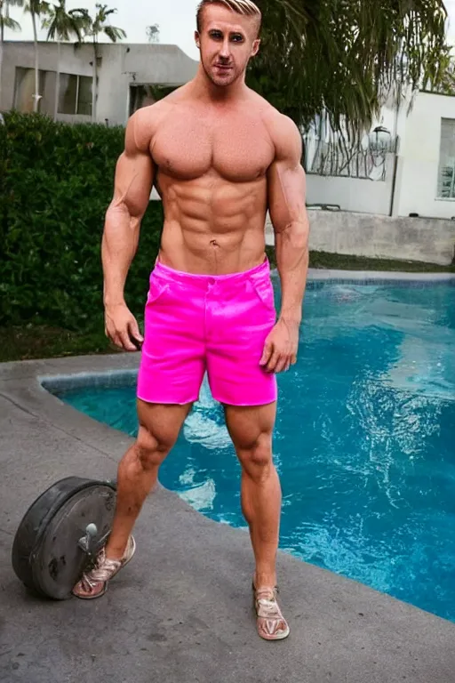 Prompt: very buff male fitness model, Ryan Gosling as Ken with blonde hair, muscular, wearing a pink cut-off 90s styled crop top and jeans, by a swimming pool, shiny metallic glossy skin