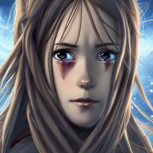 Image similar to photorealistic face portrait of asuna from sao in the style of michael whelan and gustave dore. hyperdetailed photorealism, 1 0 8 megapixels, fully clothed, lunar themed attire, amazing depth, glowing rich colors, powerful imagery, psychedelic overtones, 3 d finalrender, 3 d shading, cinematic lighting, artstation concept art