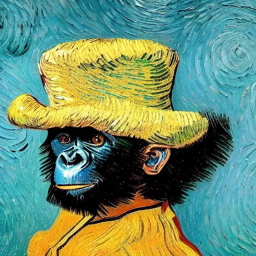 Image similar to van gogh painting of a baby chimpanzee wearing a top hat, 4 k, hyper realistic, dslr, high resolution, landscape, beautiful