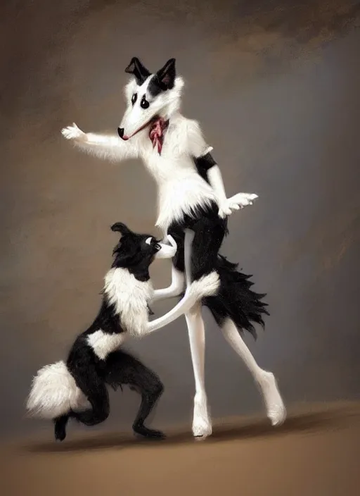 Image similar to wide shot painting of a male anthropomorphic border collie fursona dancing with a cute female anthropomorphic sheep fursona in a ballroom, beautiful, intricate, elegant, realistic proportions, highly detailed, scenic background, trending on artstation, art by charlie bowater and henry asencio and and ross tran