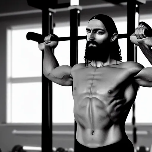 Prompt: Jesus lifting weights in gym, photorealistic, 4K