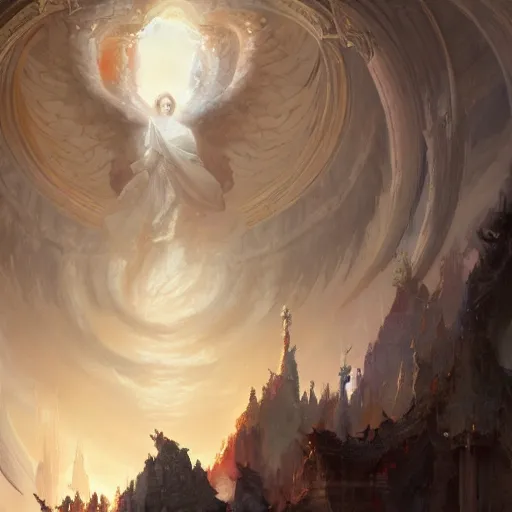 Image similar to concept art of absolutely gorgeous rendition of heaven and beautiful marble structure with many spirits and angels, artstation, glorious lighting, heavenly perfection. painterly strokes by dreadjim and greg rutkowski, james gurney, iridescent lighting and colors