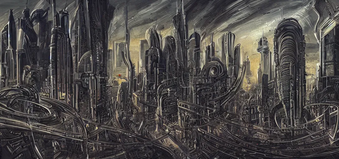 Prompt: a cityscape in the style of H.R. Giger meets Syd Mead