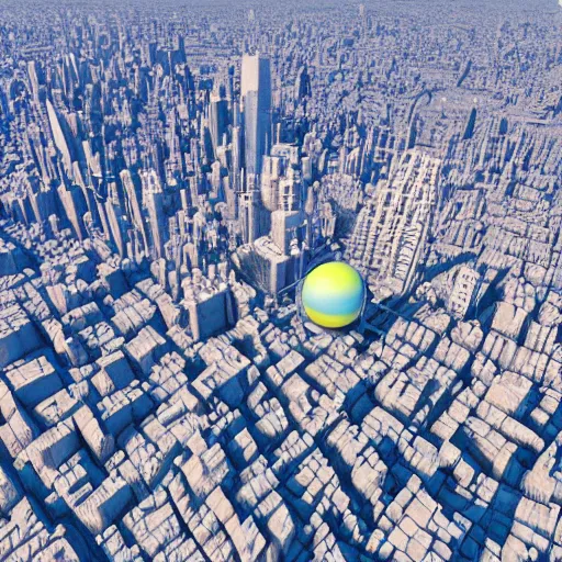 Image similar to isometric view of giant spherical city that is made of a New York neighbourhood, floating in partly cloudy deep blue space, 3d rendering, f8 aperture