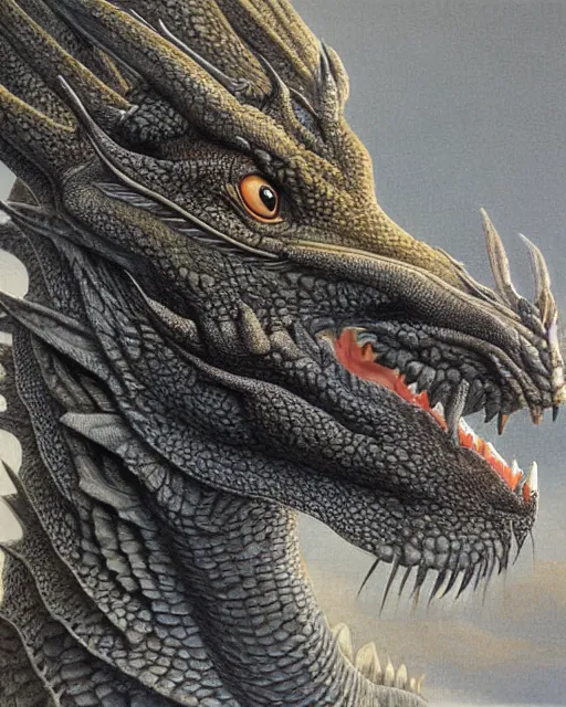 Prompt: Medium shot low angle dragon, highly detailed, sharp focus, digital painting, oil painting, artwork, museum work, by Robert Bateman, by Carl Brenders,